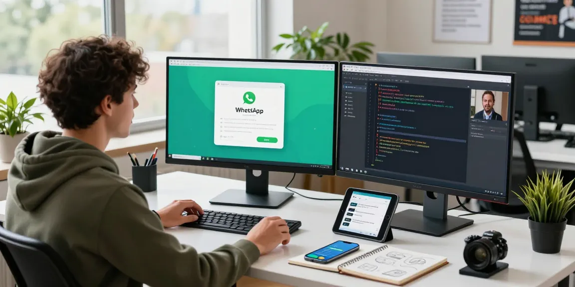 Tech workspace scene with WhatsApp下載 interface and developer collaborating online.