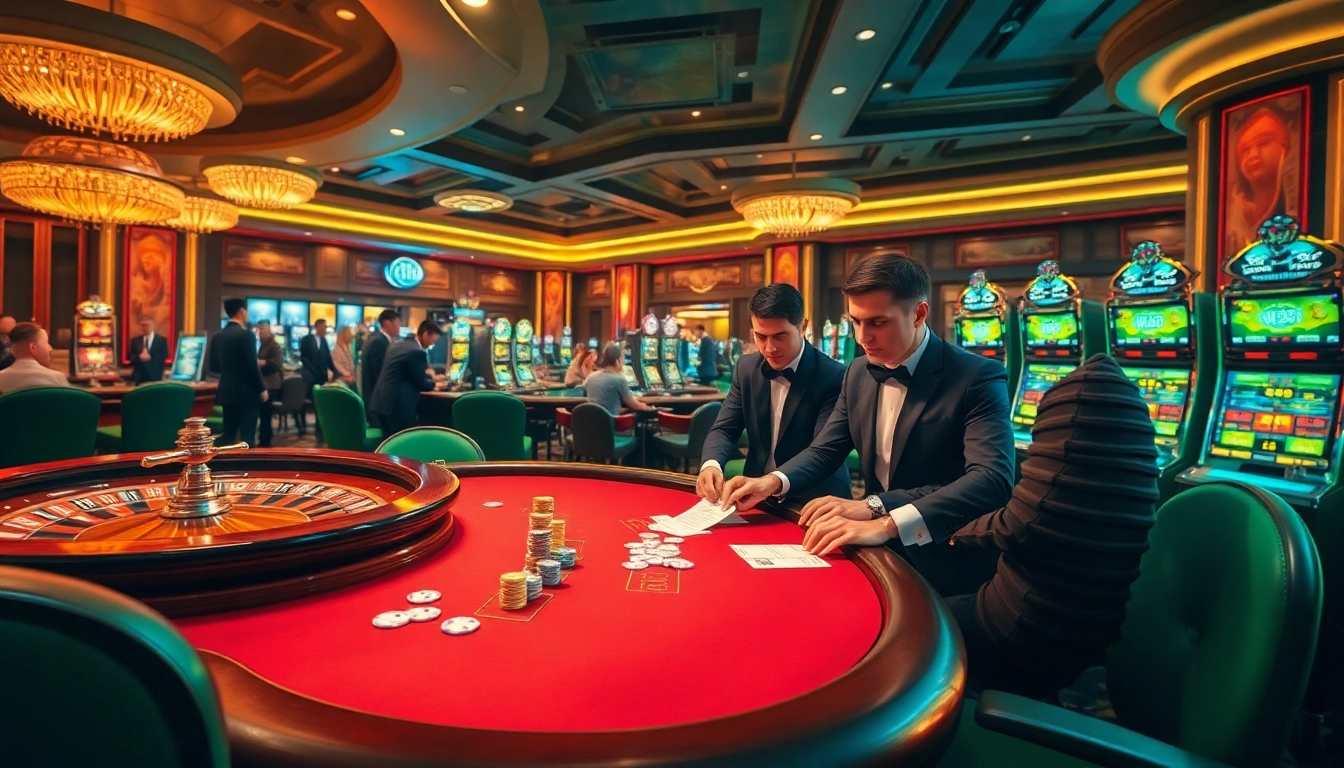 Players enjoying exciting casino games at NK88-inspired poker and roulette tables in a luxurious setting.