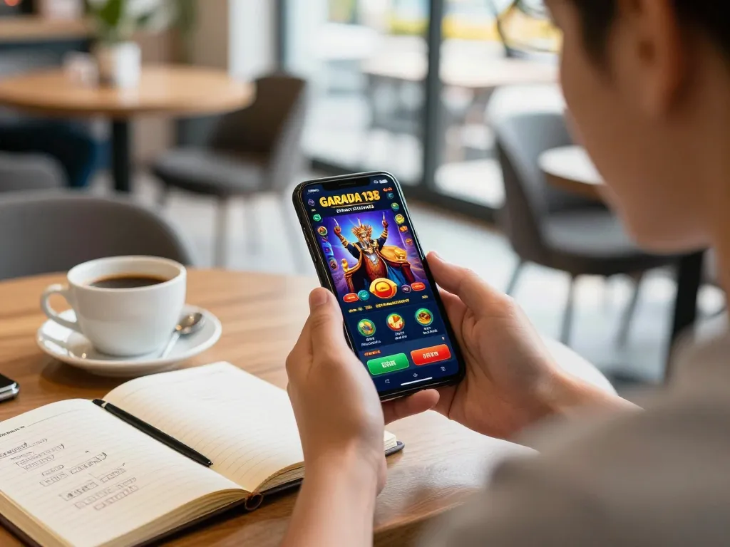Engaged player using the king garuda138 app on smartphone in a vibrant café setting, highlighting mobile gaming excitement.