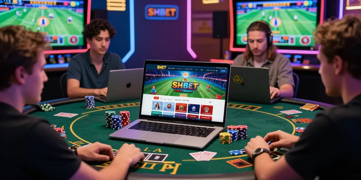 Online gambling scene at nhà cái shbet with players engaging in casino games and sports betting.
