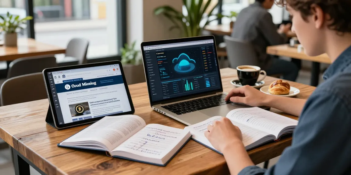 Cloud mining analysis in a cozy coffee shop with crypto data on screen and textbooks