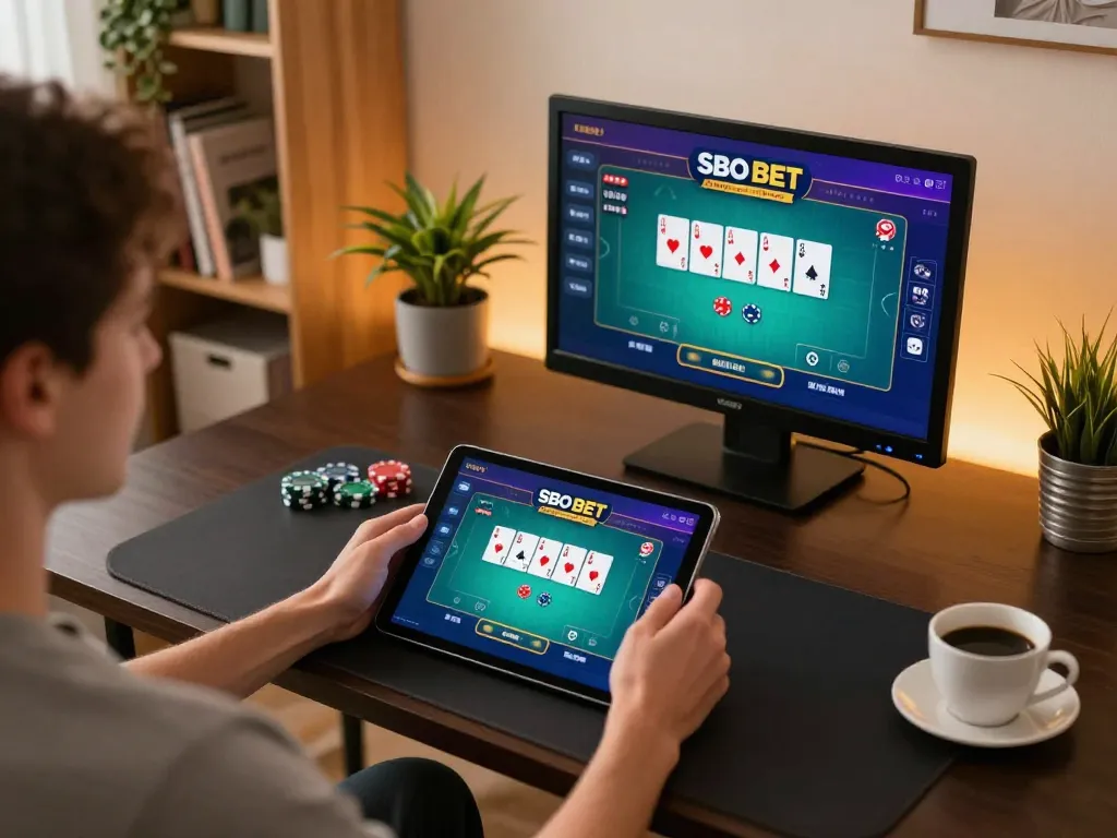 SBO BET engaging gameplay displayed on a tablet during a cozy home session, showcasing user-friendly interface and strategic options.