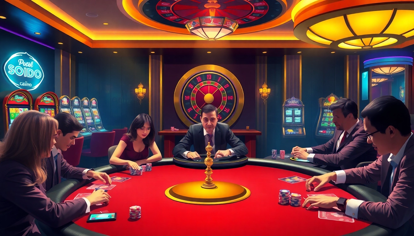 SODO Casino players engaging in a high-stakes poker game, showcasing excitement and strategy.