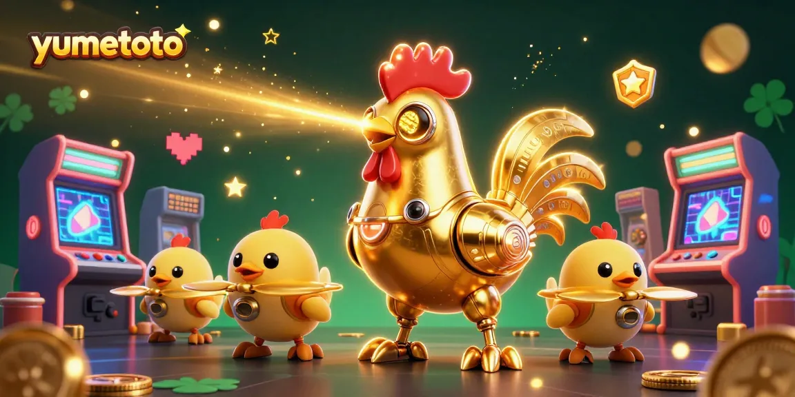 Melihat kumpulan angka JP di yumetoto dengan robot ayam emas futuristik dan drone anak ayam.