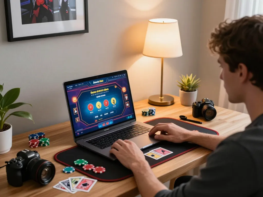 Engaging in online casinos Canada gaming session at home with lively interface and poker chips visible
