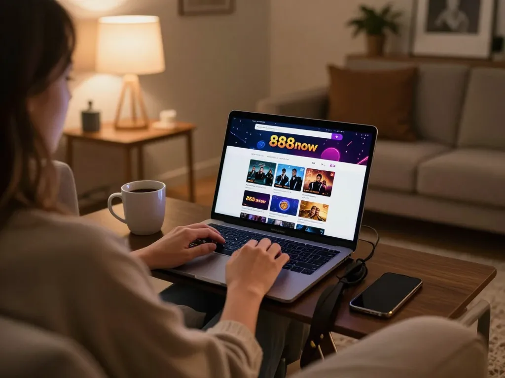 Person enjoying online gaming on 888now com at home with laptop and smartphone