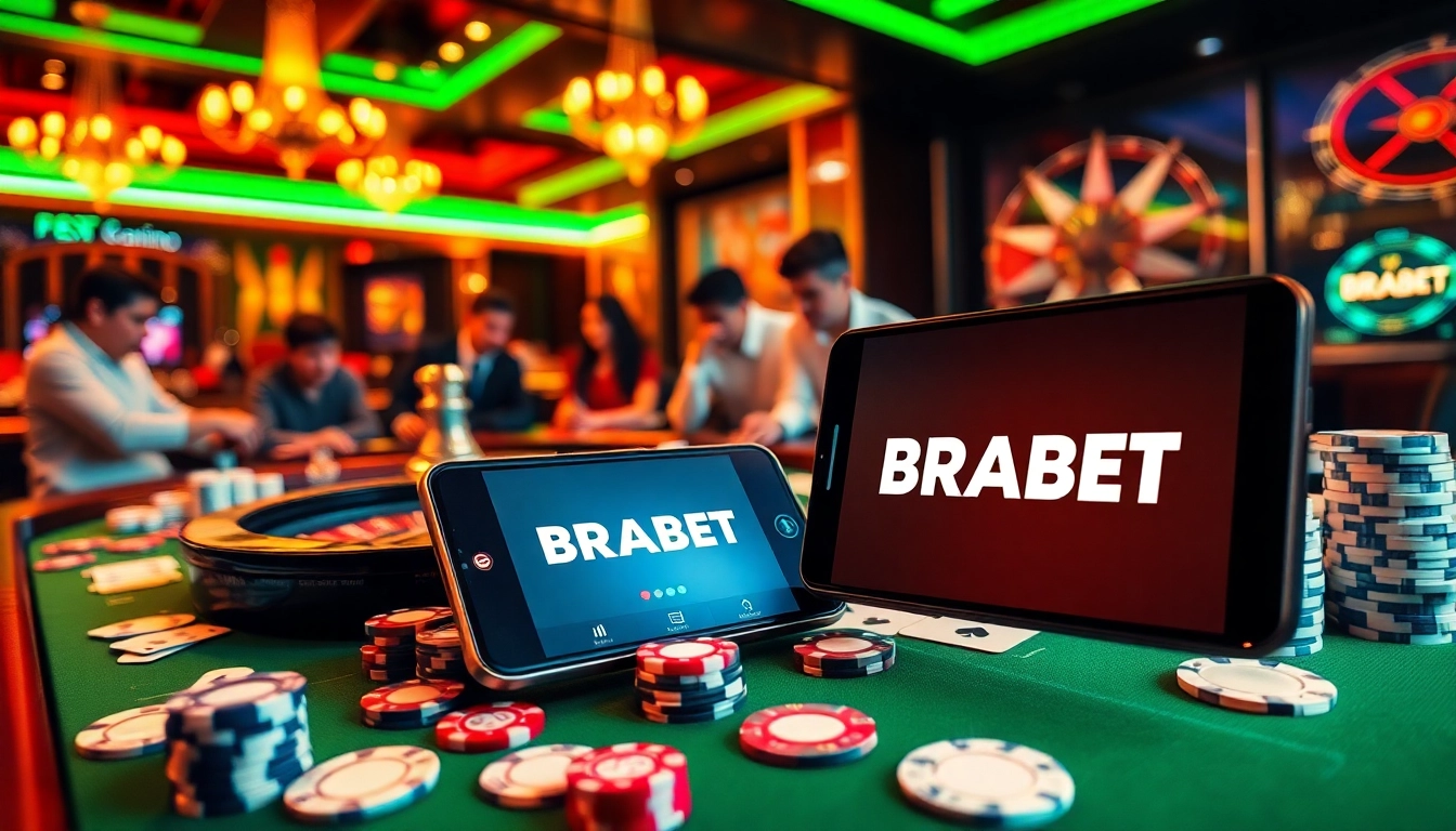 Exciting gambling scene showcasing BRABET logo on a smartphone amidst casino chips and cards.
