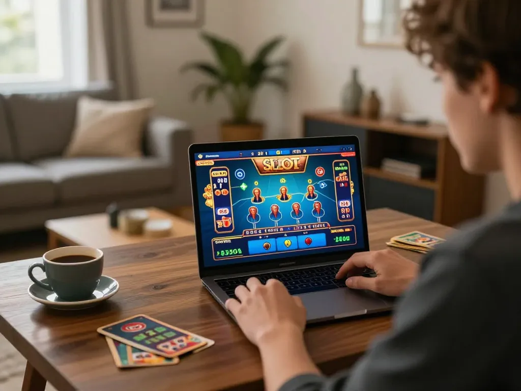 Engaging in online 92slot gameplay from a cozy home environment with a laptop and coffee