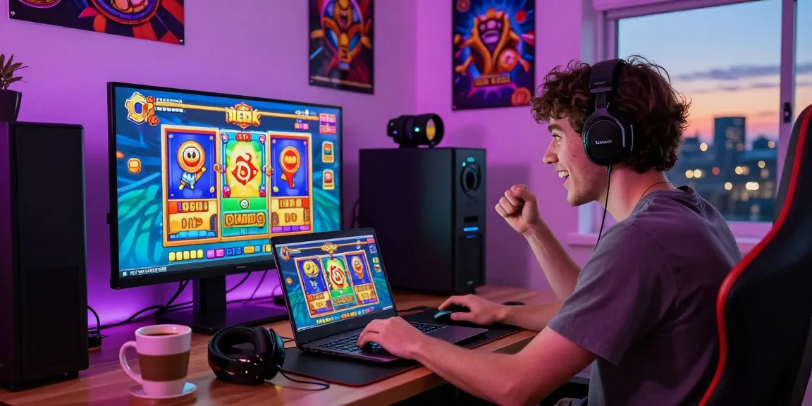 Excited player engaging with slot games on a laptop in a colorful gaming setup.
