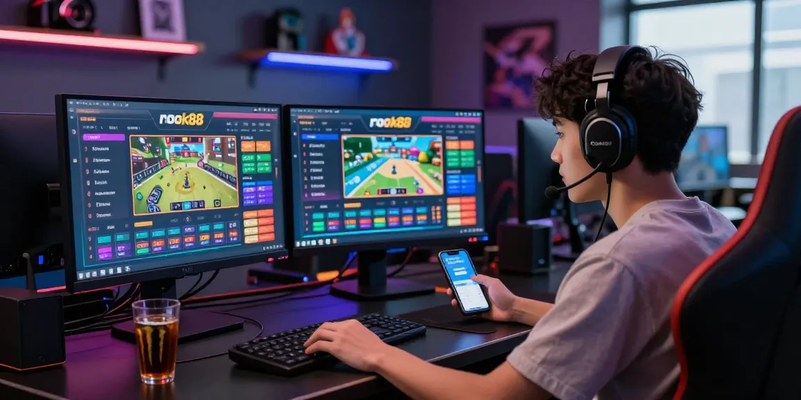 Engaged gamer at rokok88 platform with dual monitors and gaming setup.