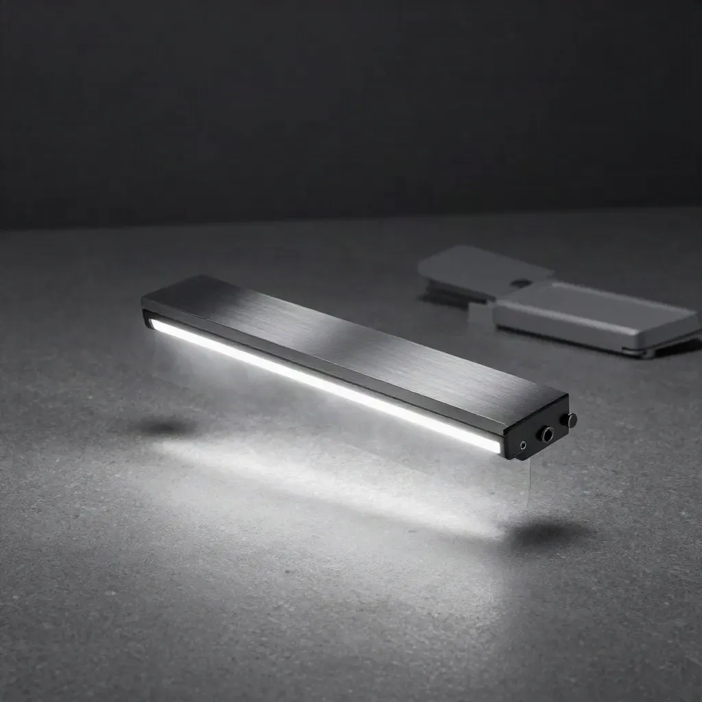 Suspended countdown module with glowing edge lights over ash-grey stone, smoky dramatic studio light.