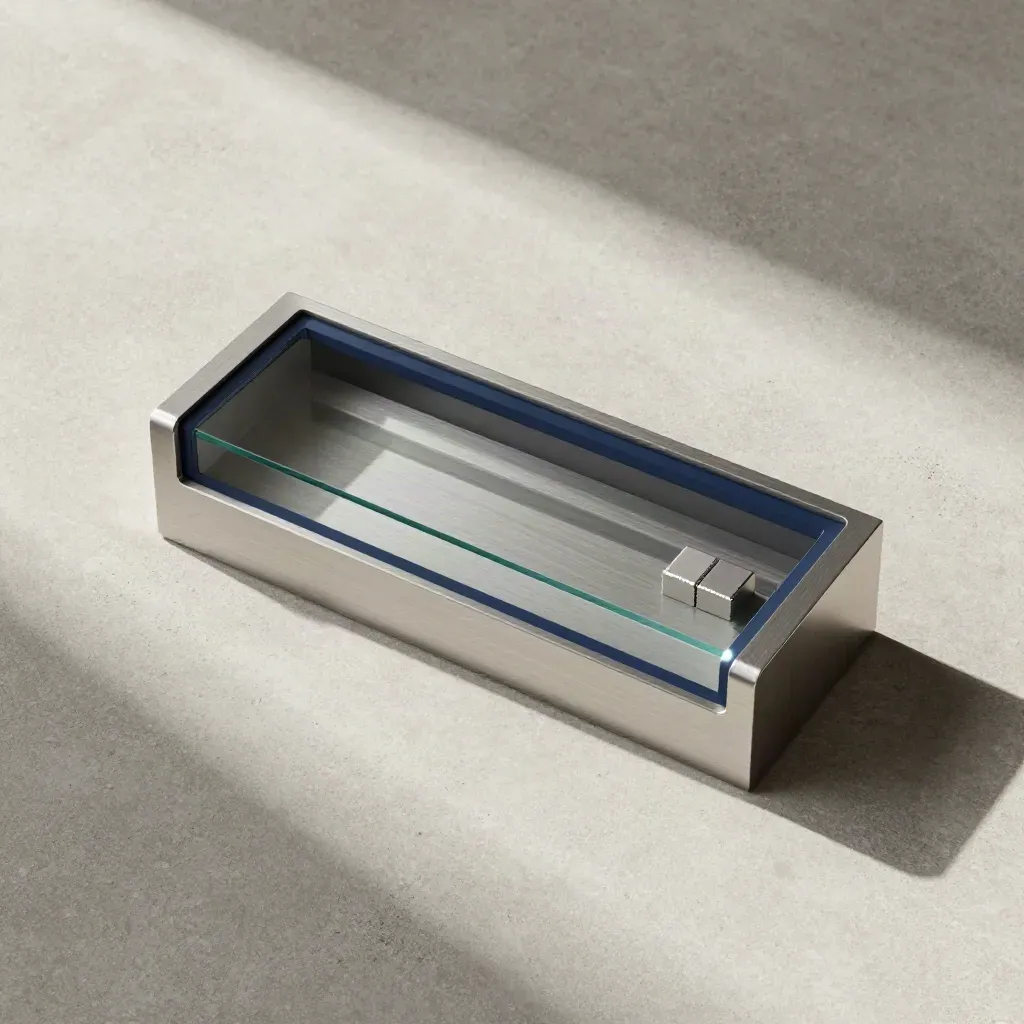 Overhead flatlay of a glass-front visitor counter widget with two companion blocks on pale concrete.