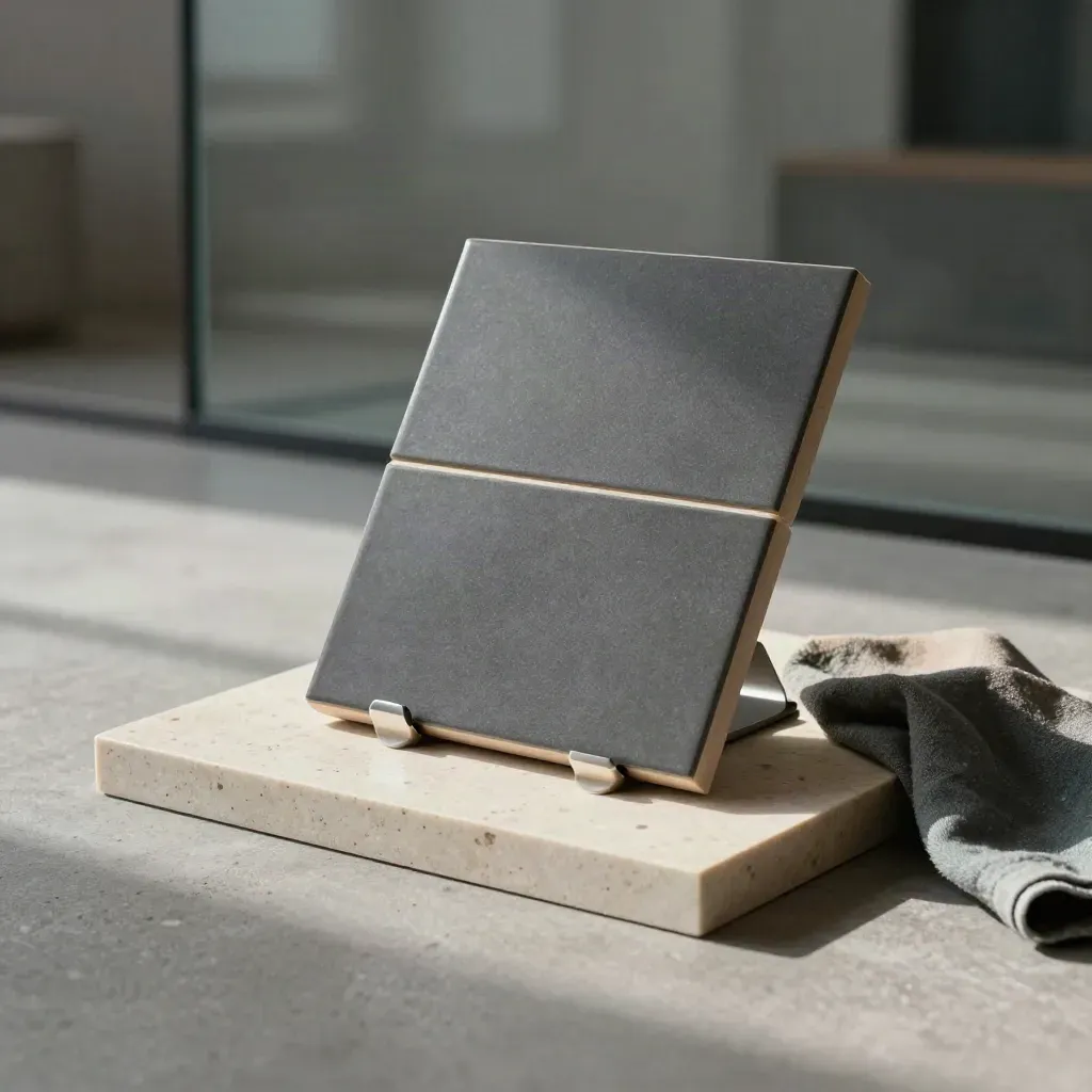Starter widget bundle on travertine plinth in a hazy showroom, shot low and dramatic.