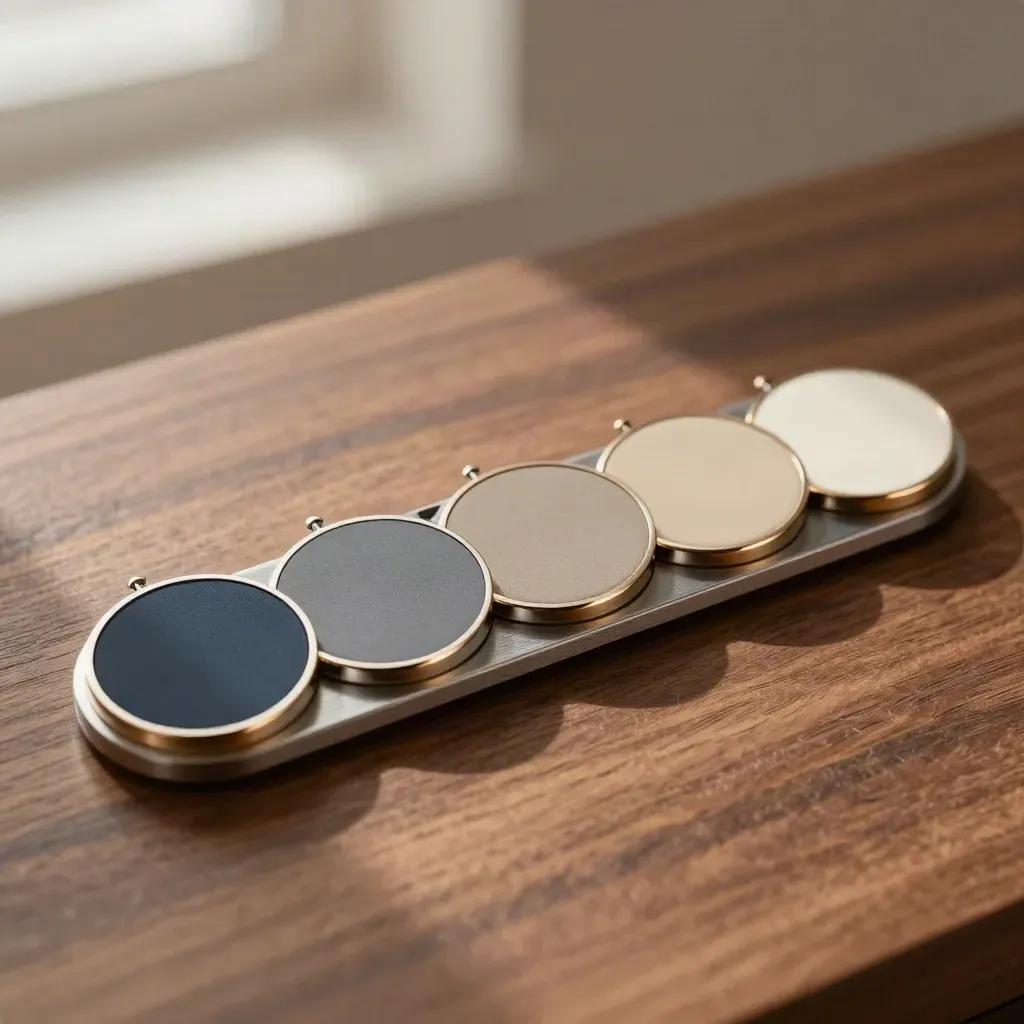 Macro flat lay of timer badges, mounting strip, and anchor pucks on walnut with soft haze.
