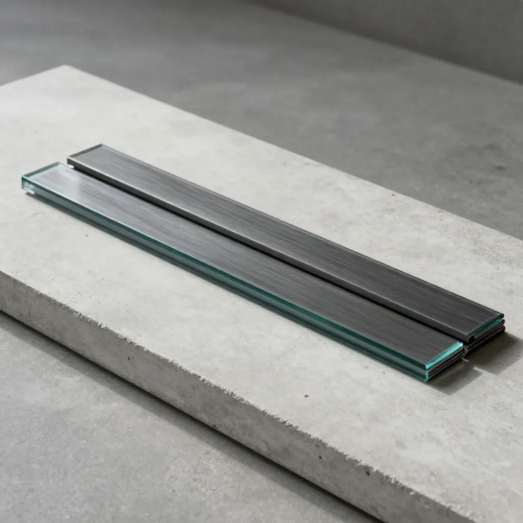 Graphite banner widget with companion bars on pale concrete, softly lit and arranged for launch.