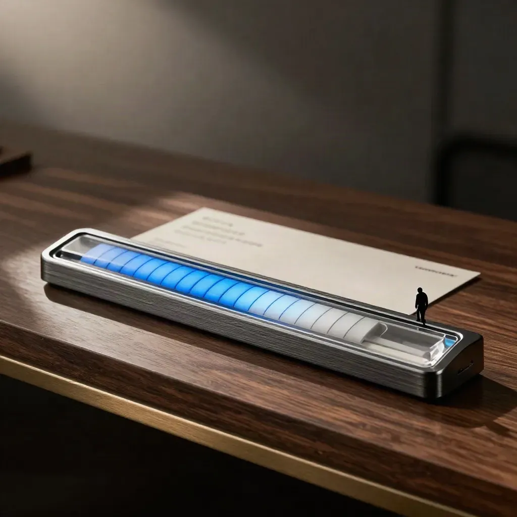 Luxury sales progress bar module glowing on a dark walnut plinth with a blurred card behind.