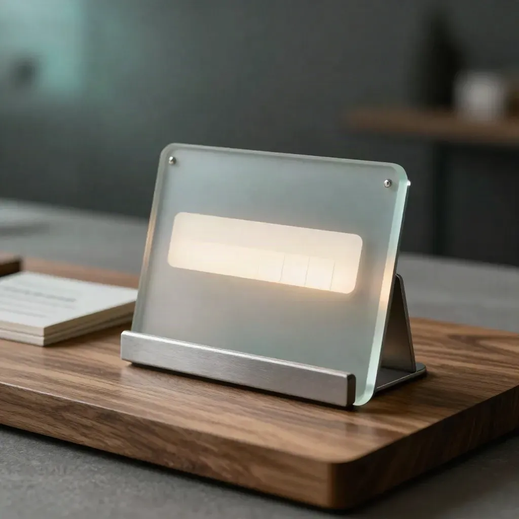 Macro of a translucent signup counter tile with teal glow on a walnut plinth