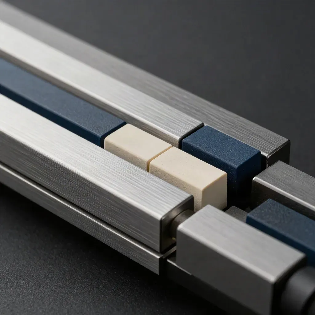 Macro of a premium segmented order meter with matte rails and a navy accent in soft vapor.