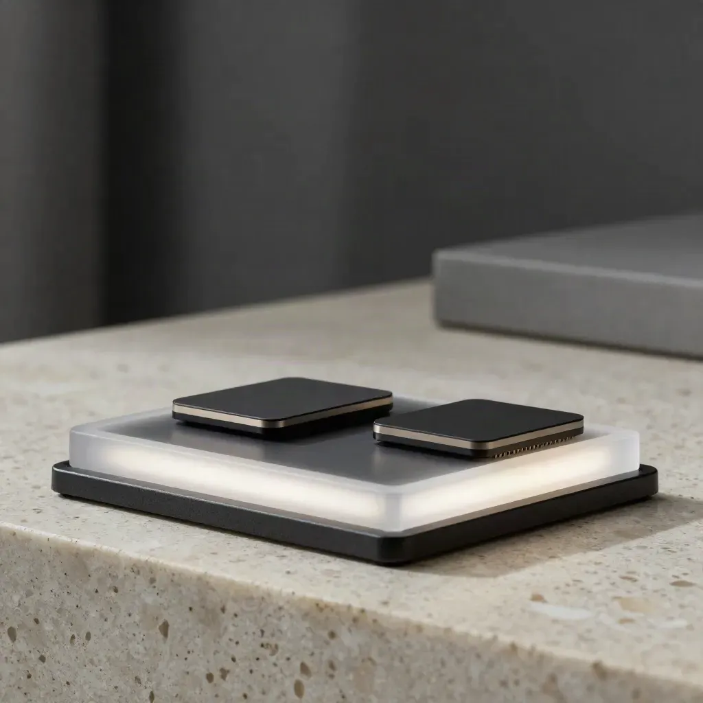 Black countdown slab with frosted glow and two chips on travertine