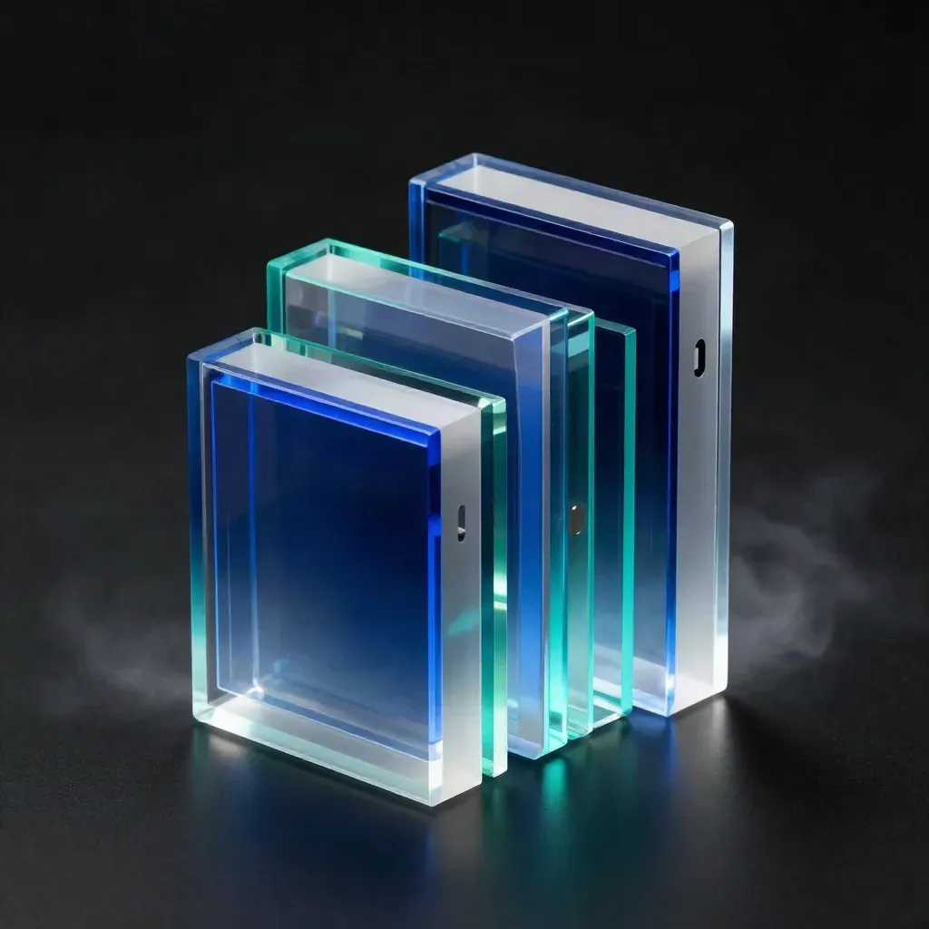 Cobalt widget tiles stacked in dramatic dark studio light with teal rim glow and haze.