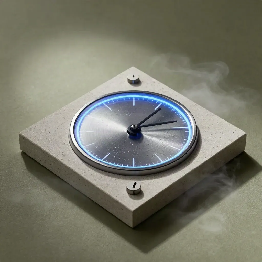 Overhead glass countdown slab with blue glow on pale stone, surrounded by mist.