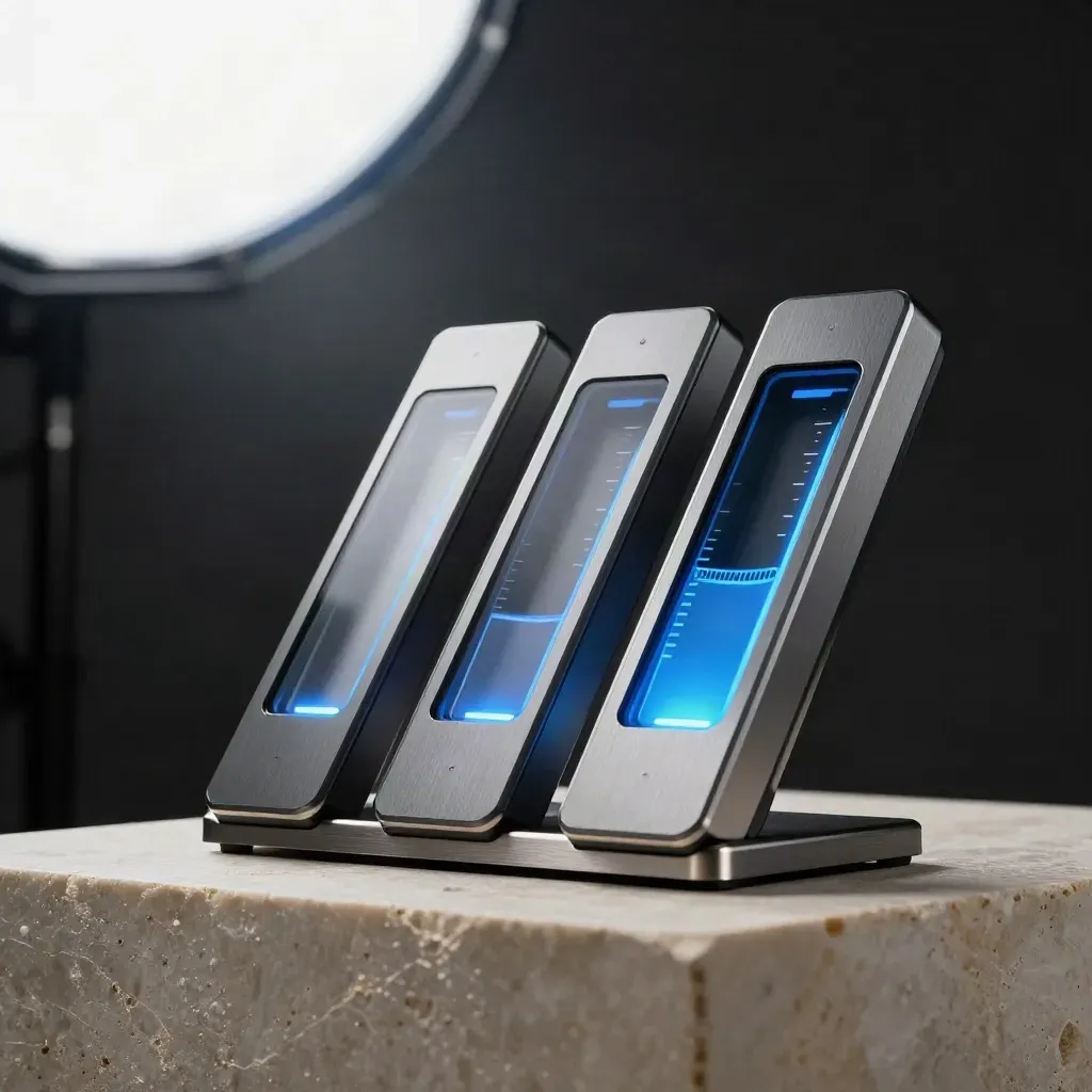Three sleek goal-bar modules fan out on a limestone pedestal with a cool blue pulse