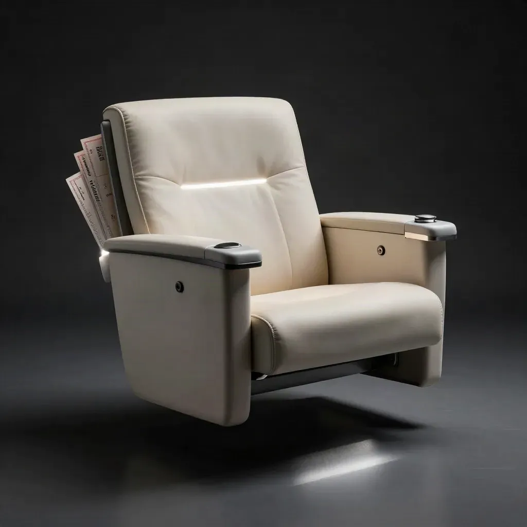 Glowing event seat counter pod with ticket-like tabs on a matte-black surface in dark studio light.