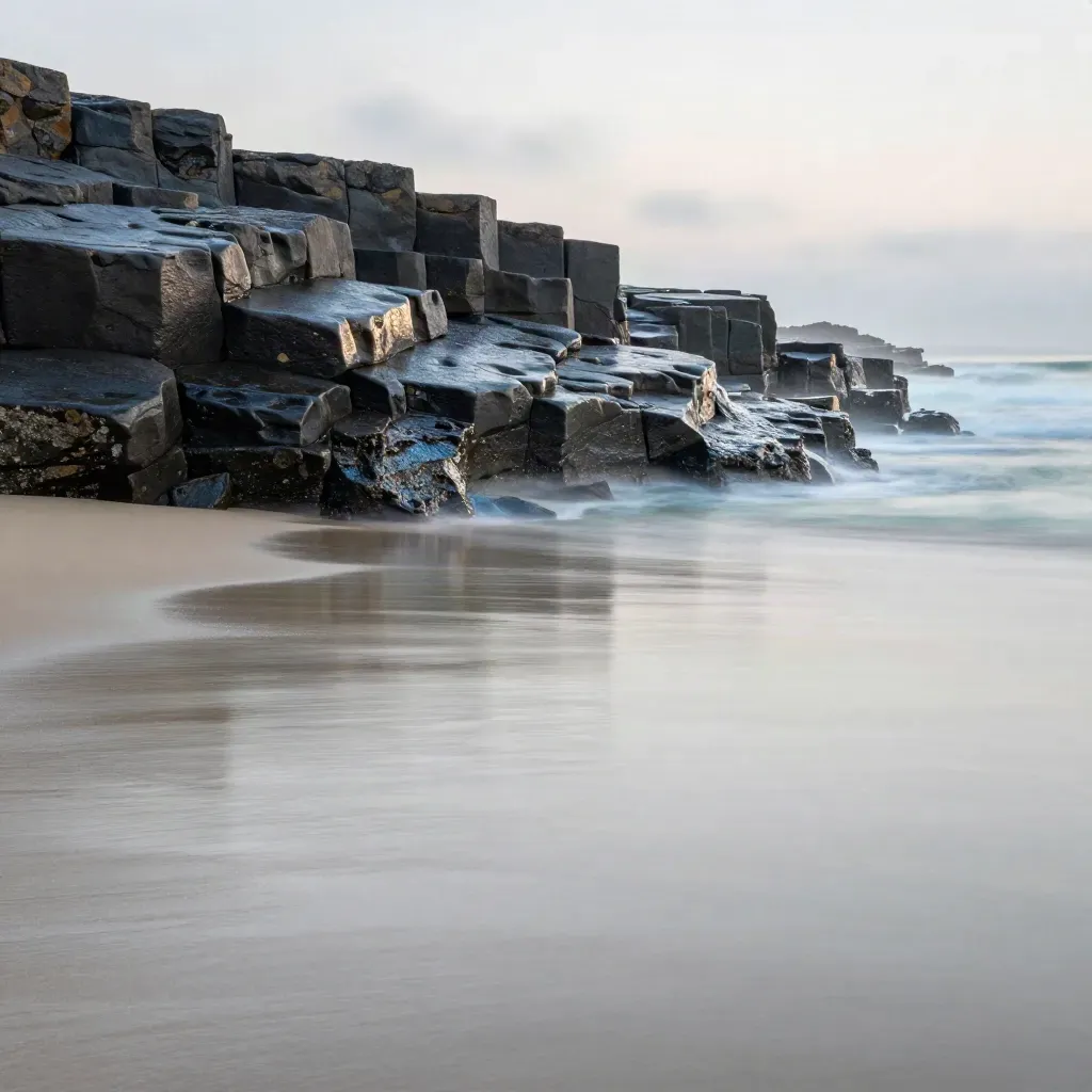 Basalt shelves by a misty shoreline with calm open water below.