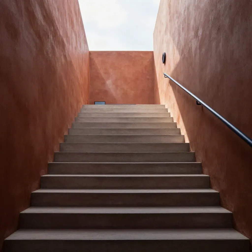 Concrete stairwell to bright sky with soft haze and subtle widget tiles in an architectural interior.