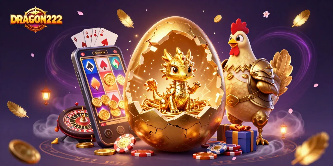 Unleash excitement and rewards with DRAGON222, featuring a vibrant dragon and magical gaming elements!