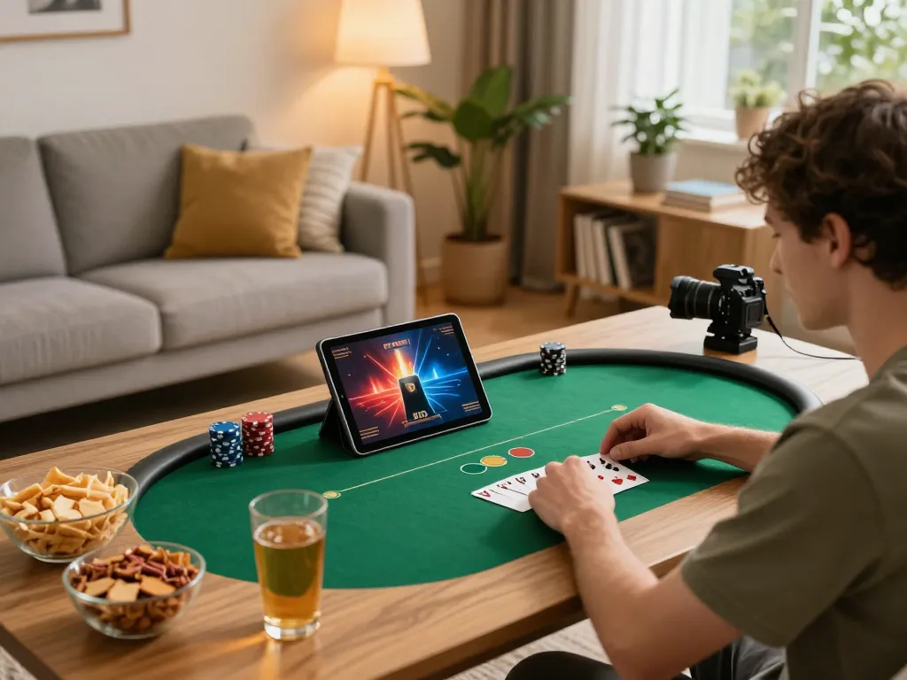 TG88 user enjoying a poker game on a tablet in a cozy home setting.