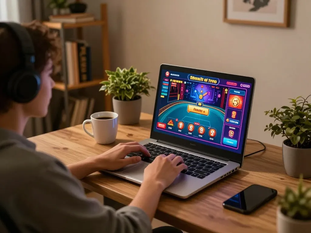 Engaging in an online demo gaming session, showcasing vibrant interface and cozy home setting.