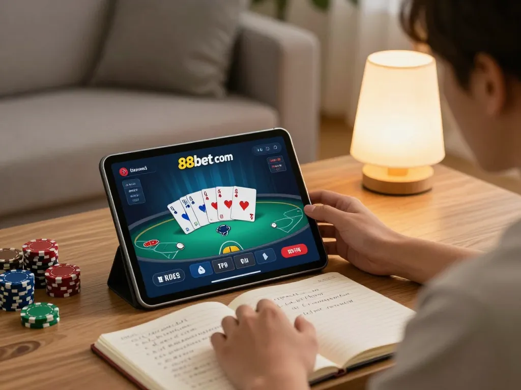 Engaging user interacting with 88bet com poker interface on a tablet in a cozy living room.
