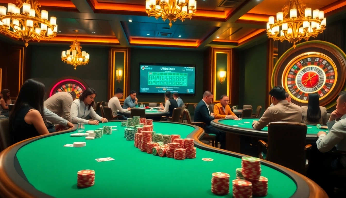 Adegan taruhan Utama4D togel yang menarik di lingkungan kasino mewah dengan chip poker dan roulette.