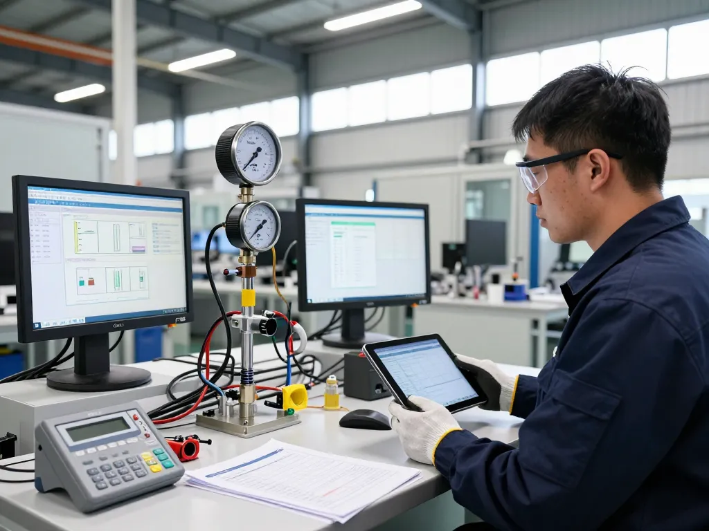 Engineer assessing Endress Hauser flow meter in advanced manufacturing setting with digital data screens.
