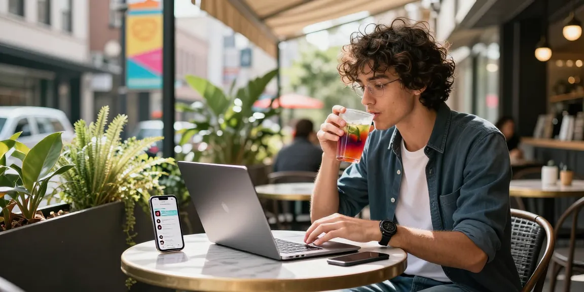 Engaging scene of influencer at café creating content to buy cheap TikTok views.