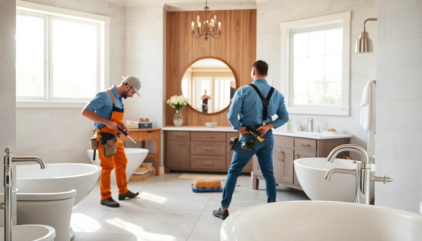 Dedicated bathroom remodeling contractors transforming a stylish space with modern design elements.