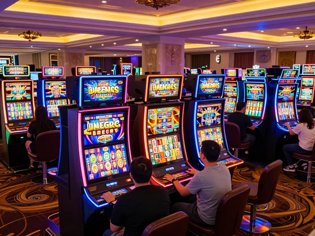 Engaged players enjoying various slot gacor machines in a lively casino atmosphere.
