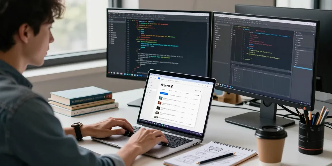 Developer utilizing 纸飞机中文版官网 in a modern workspace with multiple monitors and coding elements.