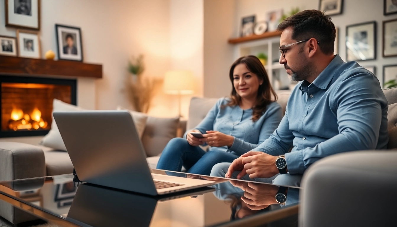 Engaging consultation scene on heating financing options with a couple in a cozy living room.