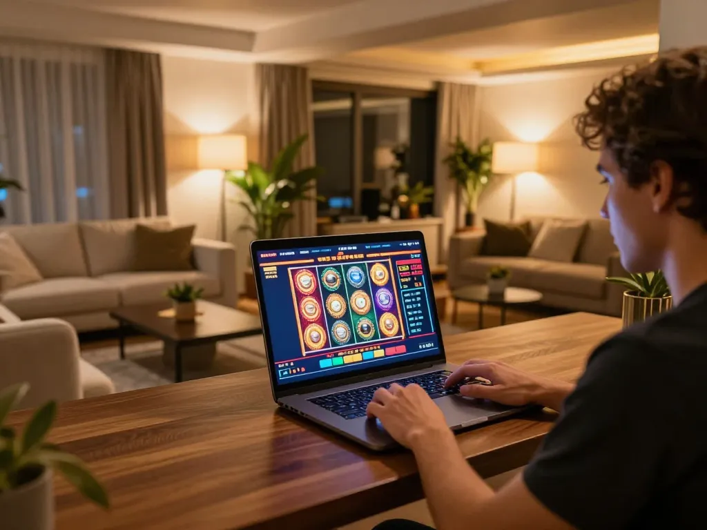 Experience dynamic online gaming at 32win with a laptop displaying exciting slot games.