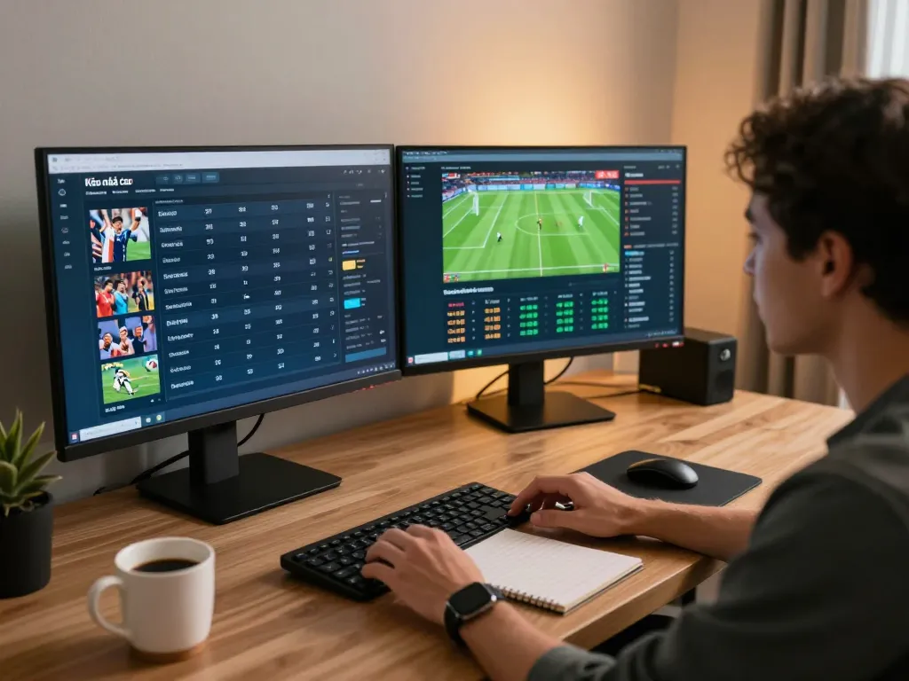 Kèo nhà cái sports betting in a home office, showing live odds analysis.