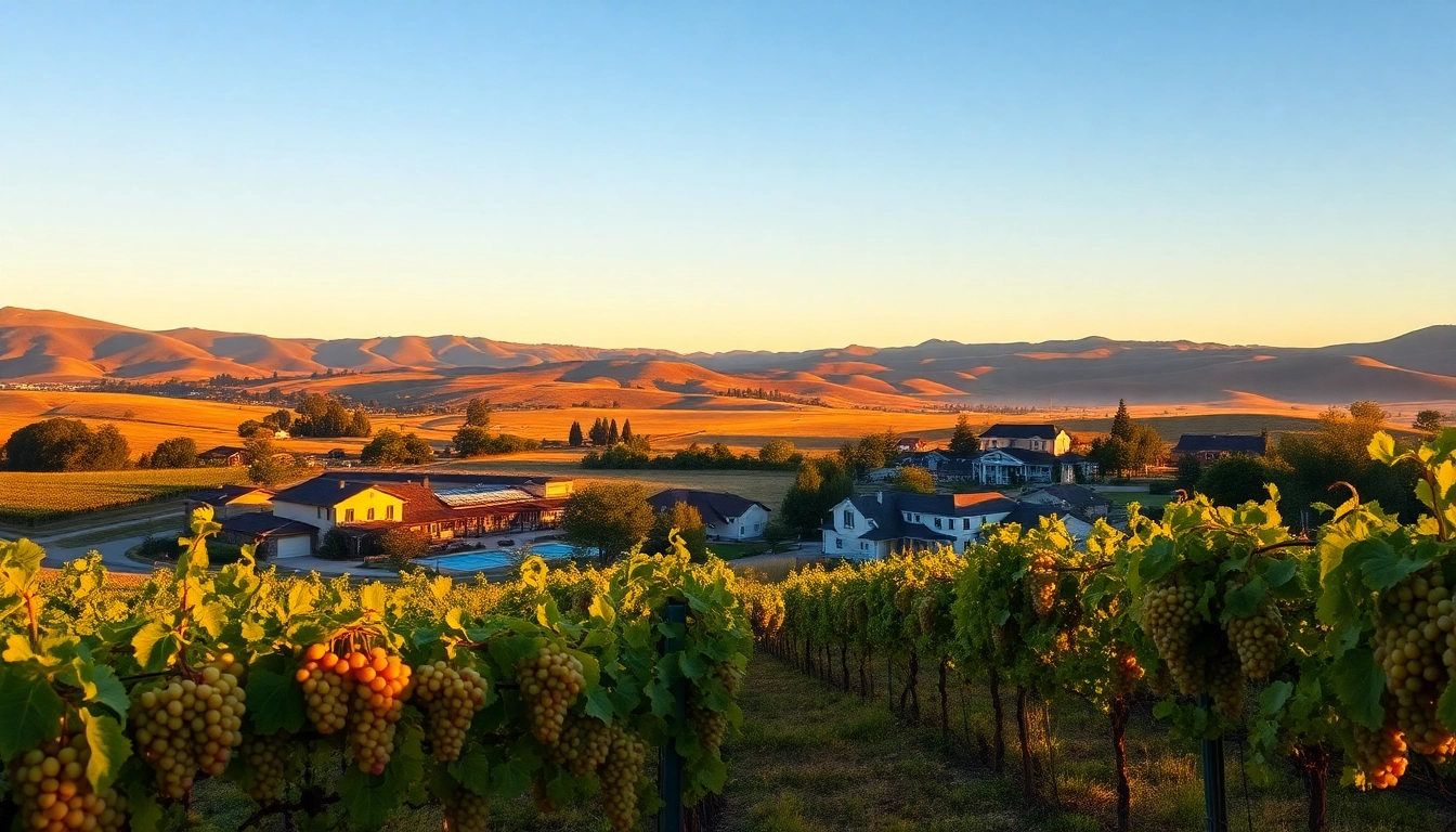 Vibrant landscape of Clarksburg California with vineyards, showcasing warm golden sunset light.