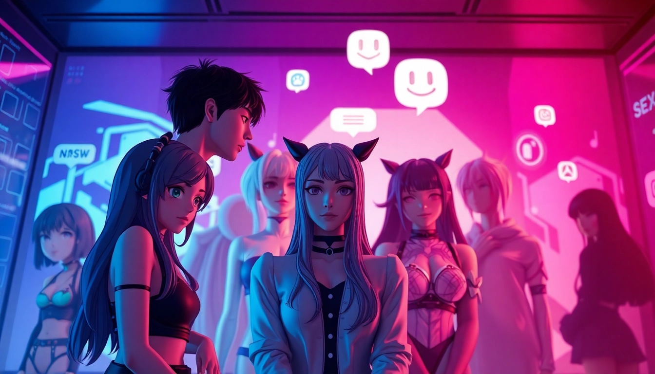 Engaging chat scene with diverse NSFW AI characters in a futuristic virtual environment.