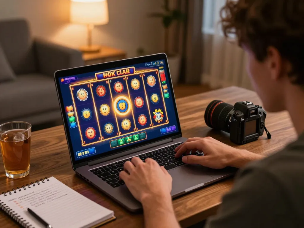 Player enjoying rr88 online casino slots with strategy notes in a cozy home setting.