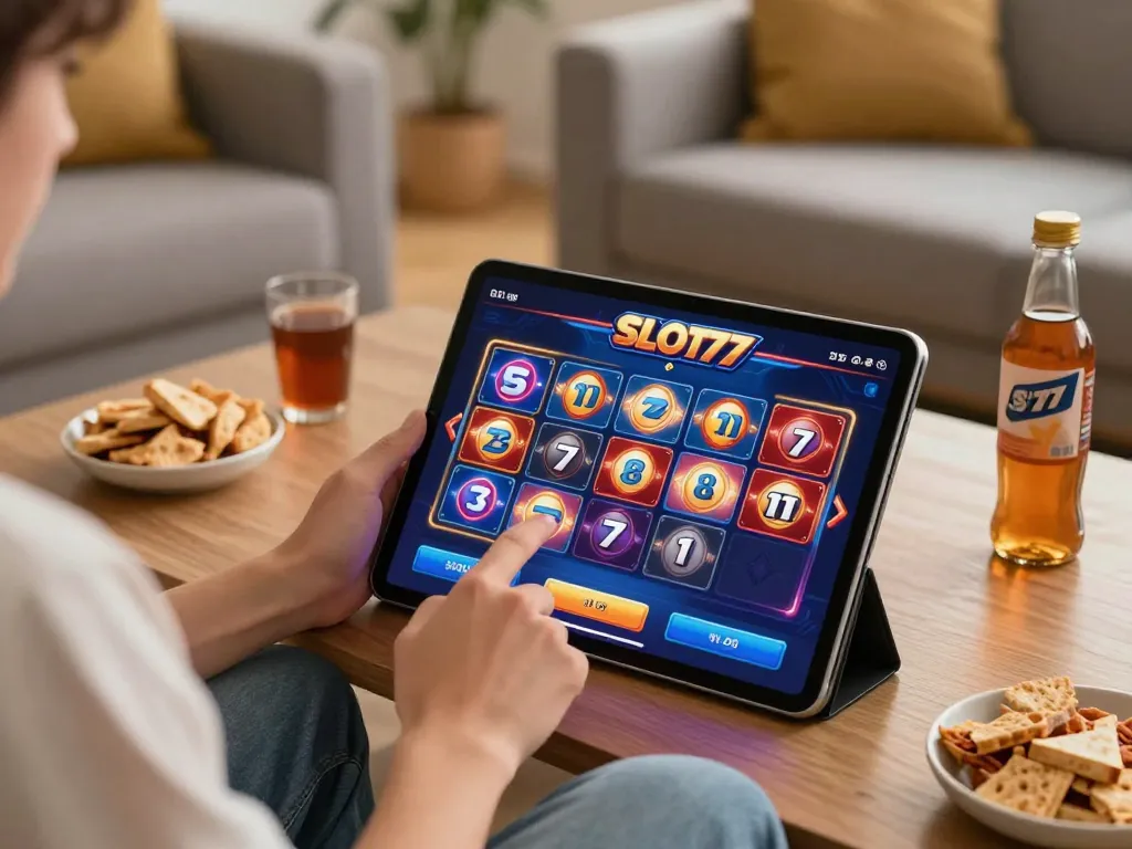 Player enjoying dynamic slot77 gameplay on tablet in cozy home setting.
