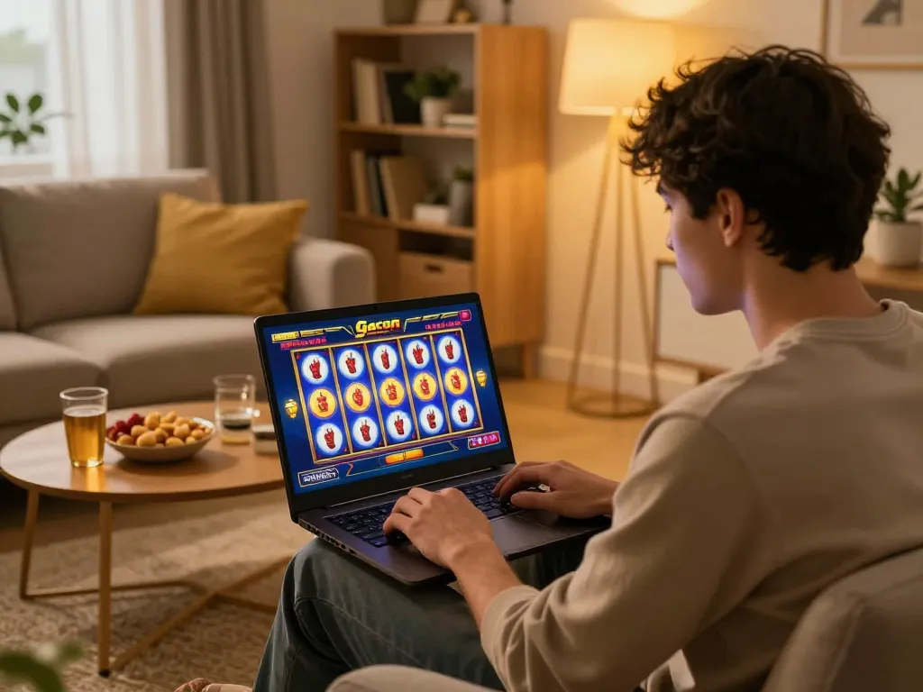 Engaging session on a slot gacor game, player focused on vibrant screen in cozy living room.