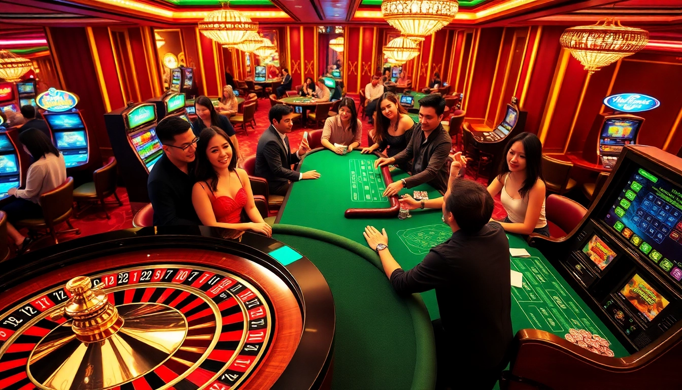 Kết quả xổ số hôm nay revealed at a lively casino with players cheering and gaming excitement.