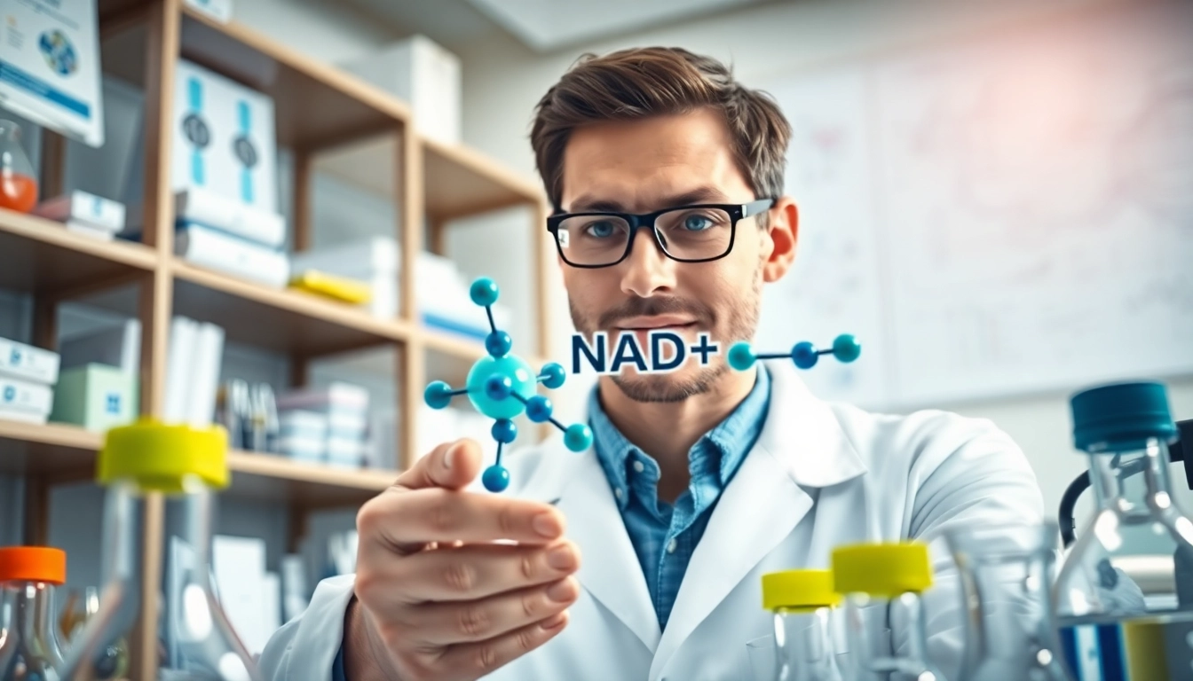 NAD+ molecule prominently illustrated with a researcher in a lab analyzing it.