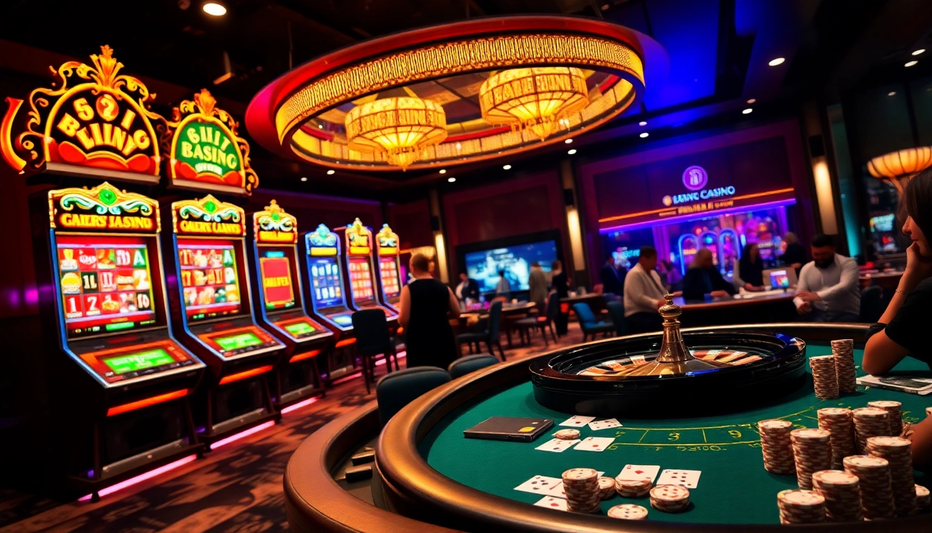 Scène de jeu passionnante de casino en ligne avec des machines à sous colorées, une table de poker et une roulette.